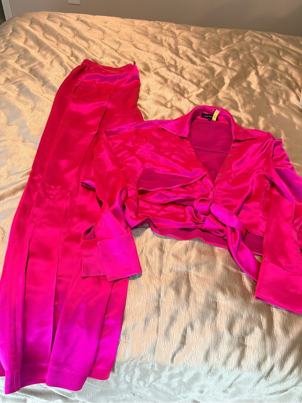 Retrofete Fuchsia Satin Wide Leg Jumpsuit Set